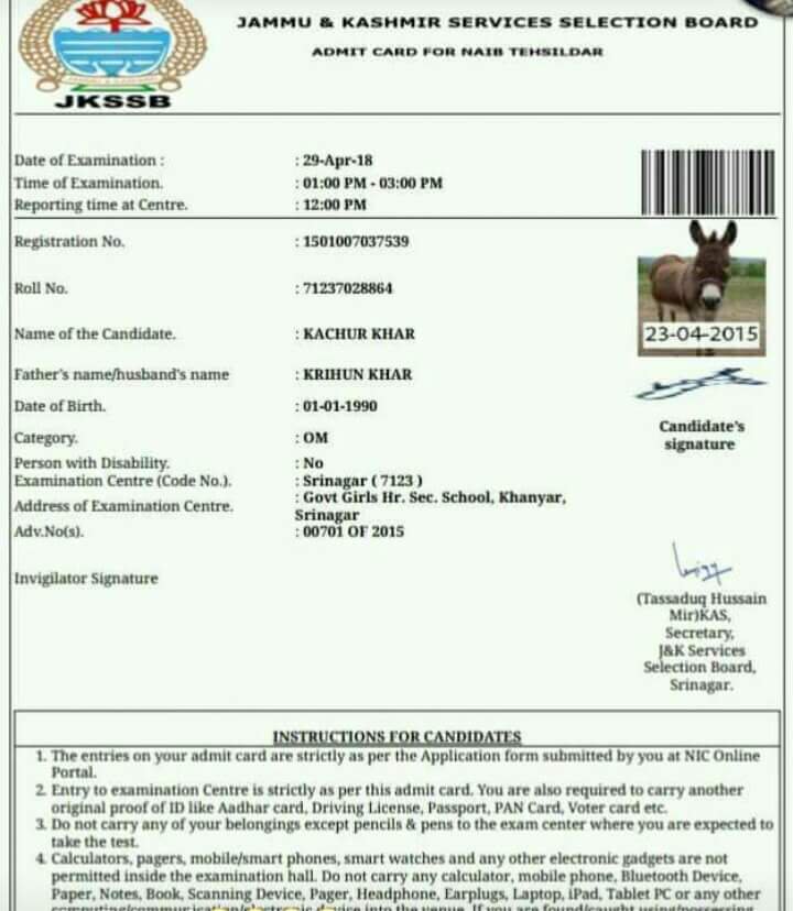 Admit Card issued to donkey, Krihun Khar,J&K exams, Donkey admit card, Donkey giving exam, Donkey, Cow giving exam, Cow, Cow admit card, Jammu Kashmir, Jammu, Kashmir, Jammu and Kashmir