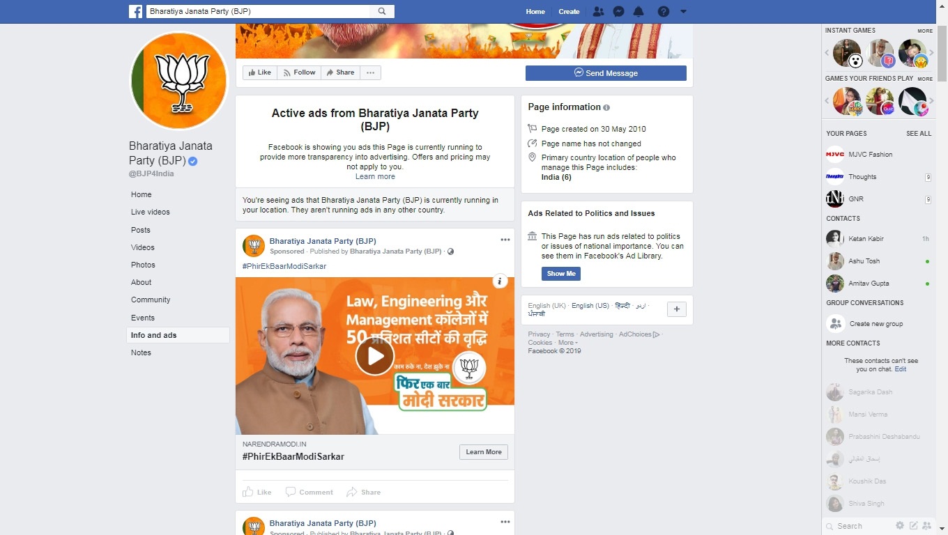 Bharatiya Janata Party, Congress, Facebook, Instagram, Lok Sabha elections, Lok Sabha polls, Political advertisement, National news