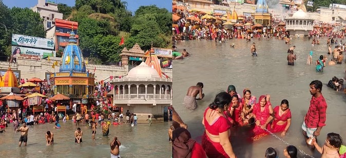 Devotees took a dip in the Ganga at Har Ki Paidi today